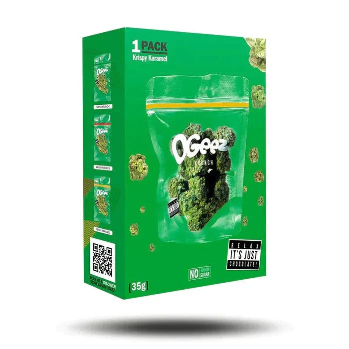 Ogeez Chocolate Salty Caramel 35g packaging with a green design.