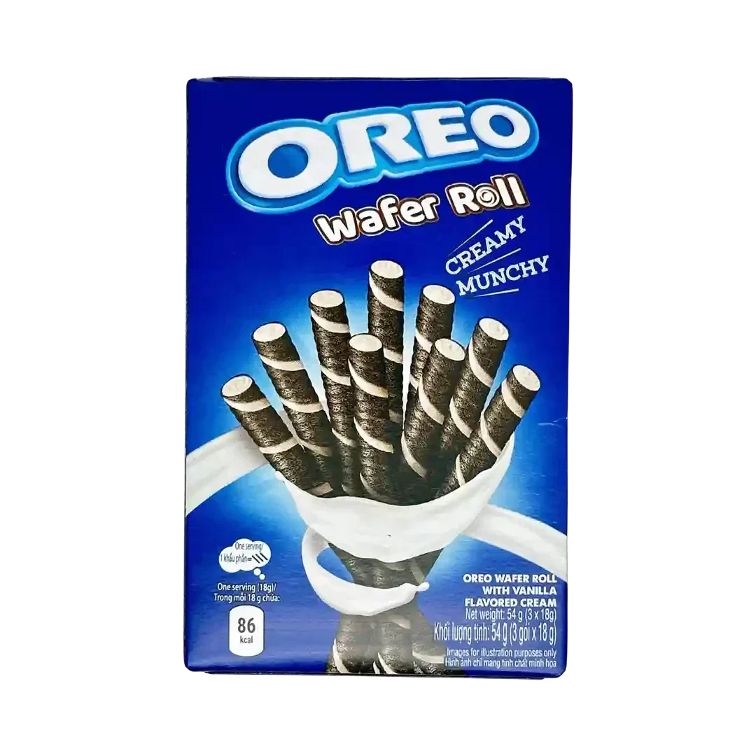 Oreo Wafer Roll Vanilla 54g pack displaying crispy wafer rolls with vanilla cream filling
