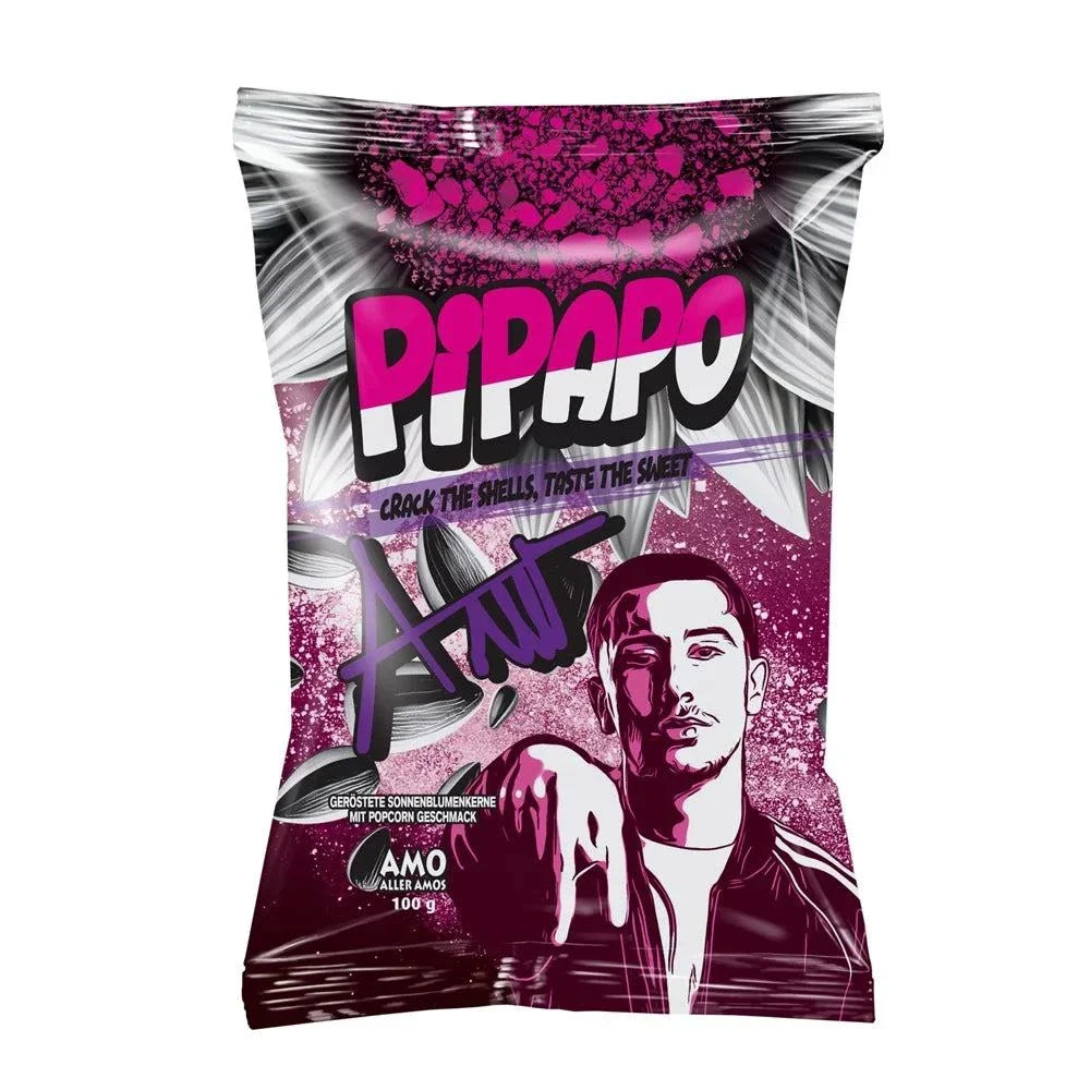 Pipapo Sonnenblumenkerne Popcorn 100g Verpackung, knuspriger Snack mit süß-salzigem Geschmack.