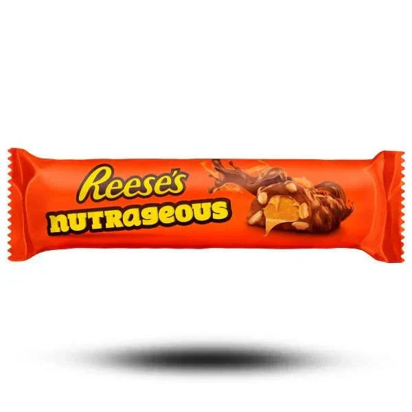 Reeses NutRageous 47g chocolate bar with peanut butter, roasted peanuts, caramel, and milk chocolate.