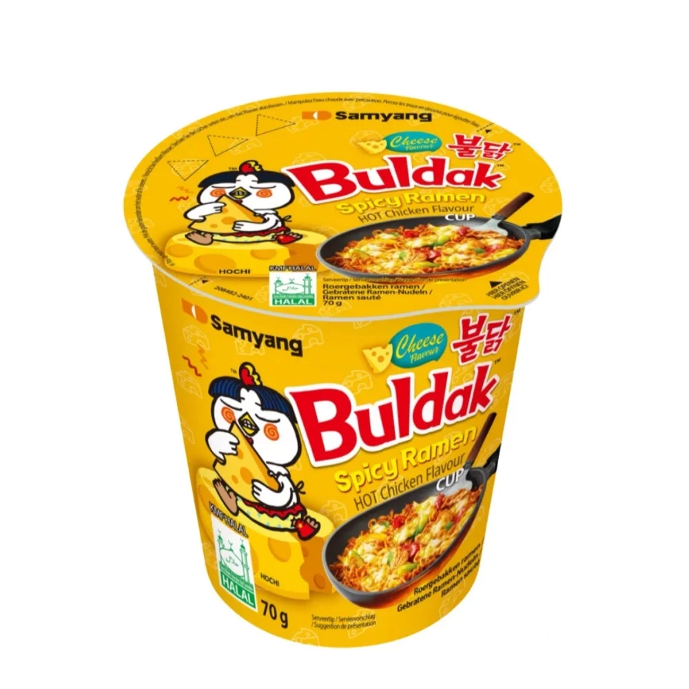 Buldak Cheese Cups 70g packaging with spicy chicken flavor.