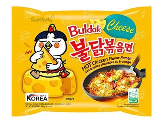 Buldak Cheese Bag 140g with hot chicken flavor ramen packaging.