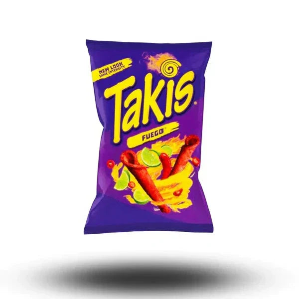 Takis Fuego 100g pack with vibrant red and green chili design on a purple bag.