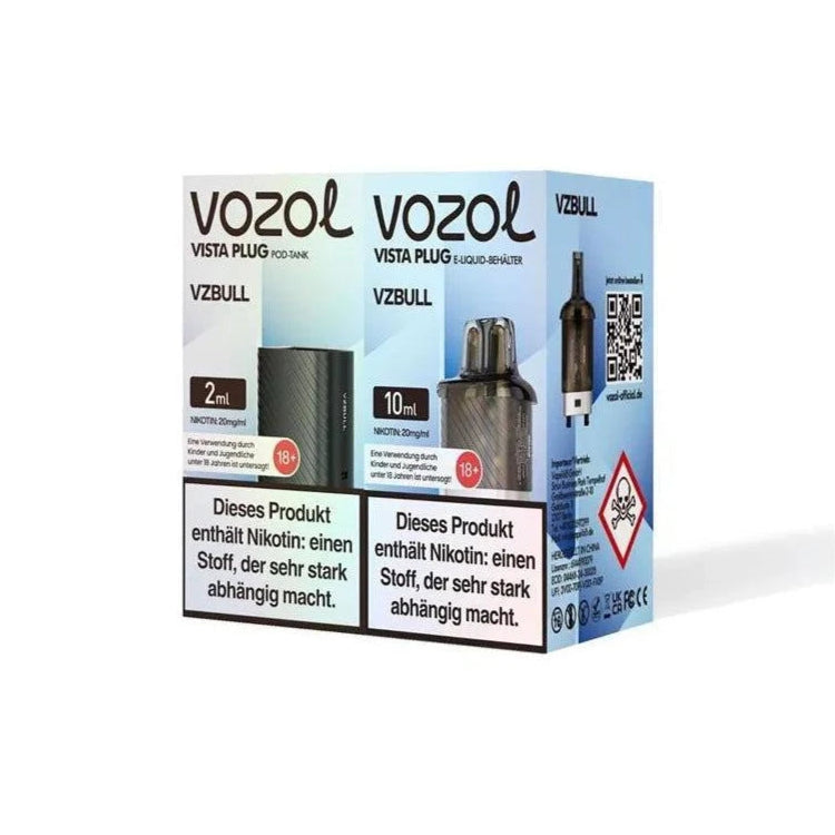 Vozol Vista Plug Pods packaging with nicotine warning and USB-C recharge feature.