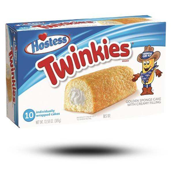 Box of Hostess Twinkies, featuring golden sponge cakes with creamy filling, iconic packaging.