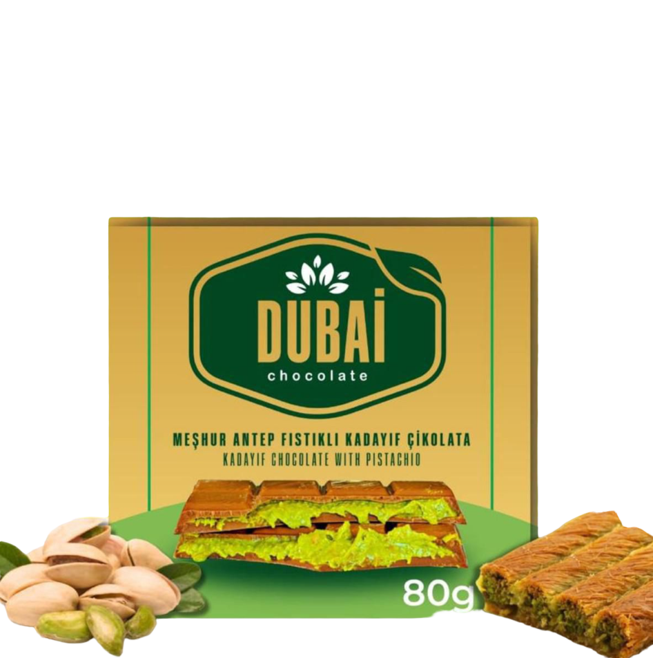 Dubai Schokolade 80g mit Pistazien und luxuriöser Verpackung.