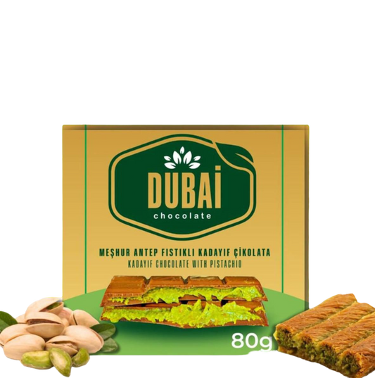 Dubai Schokolade 80g mit Pistazien und luxuriöser Verpackung.