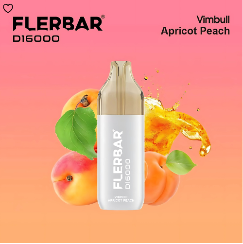 Flerbar 16K Mehrweg E-Zigarette Apricot Peach Geschmack mit Steuerbanderole vor aprikosenfarbenem Hintergrund