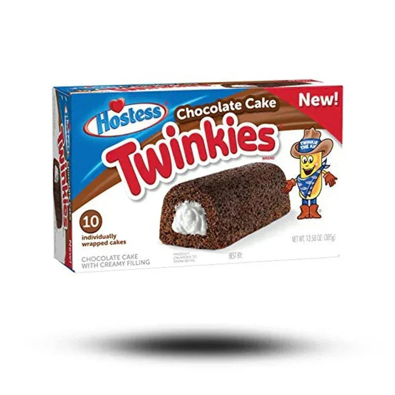 Hostess Chocolate Twinkies 385g box with creamy chocolate filling.