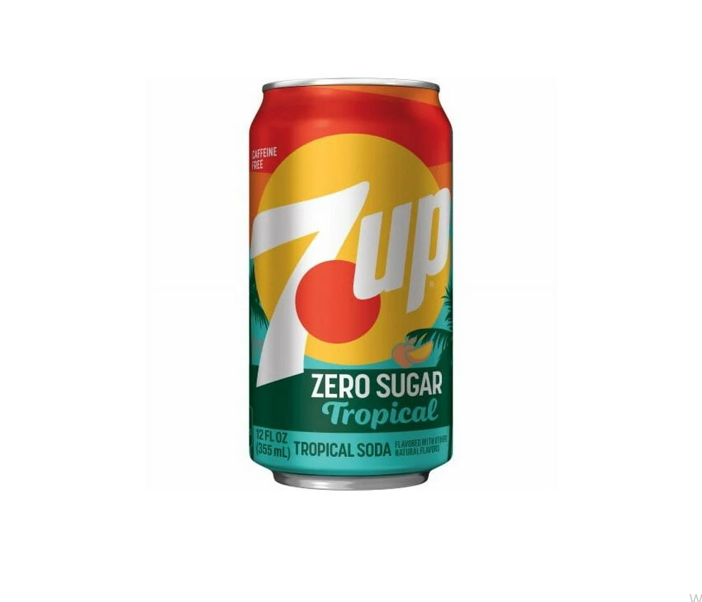 7-Up USA Tropical 0.35l can with zero sugar label and tropical design.