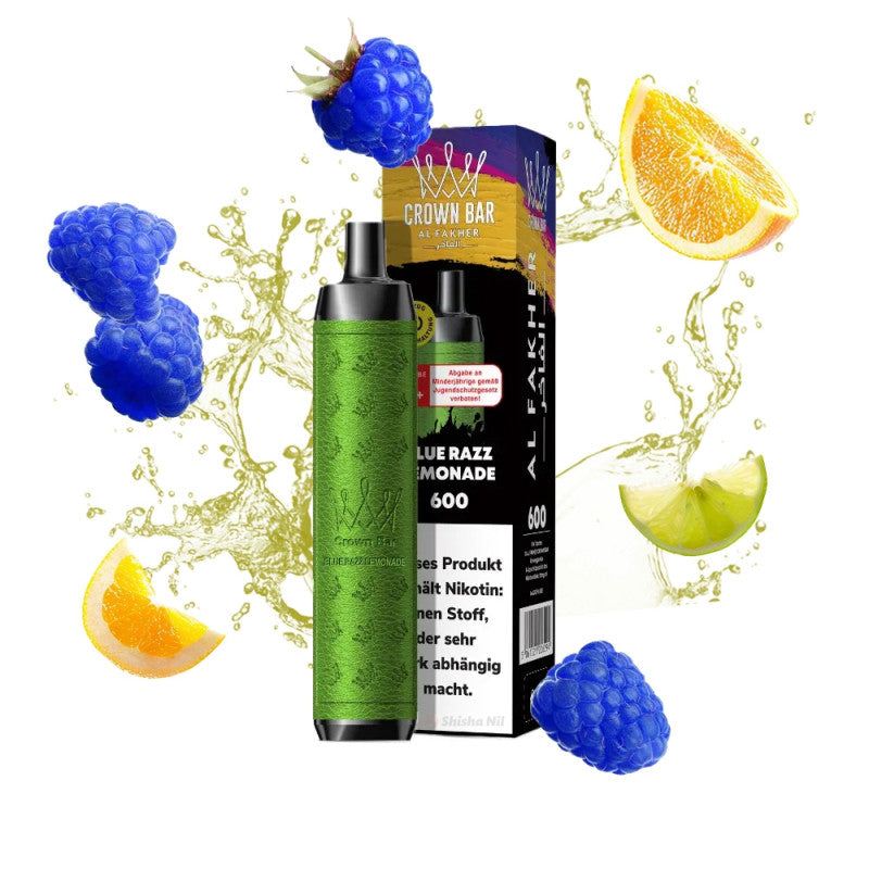 Al Fakher Crown Bar 600 vape pen with blue raspberry and citrus fruit splashes.