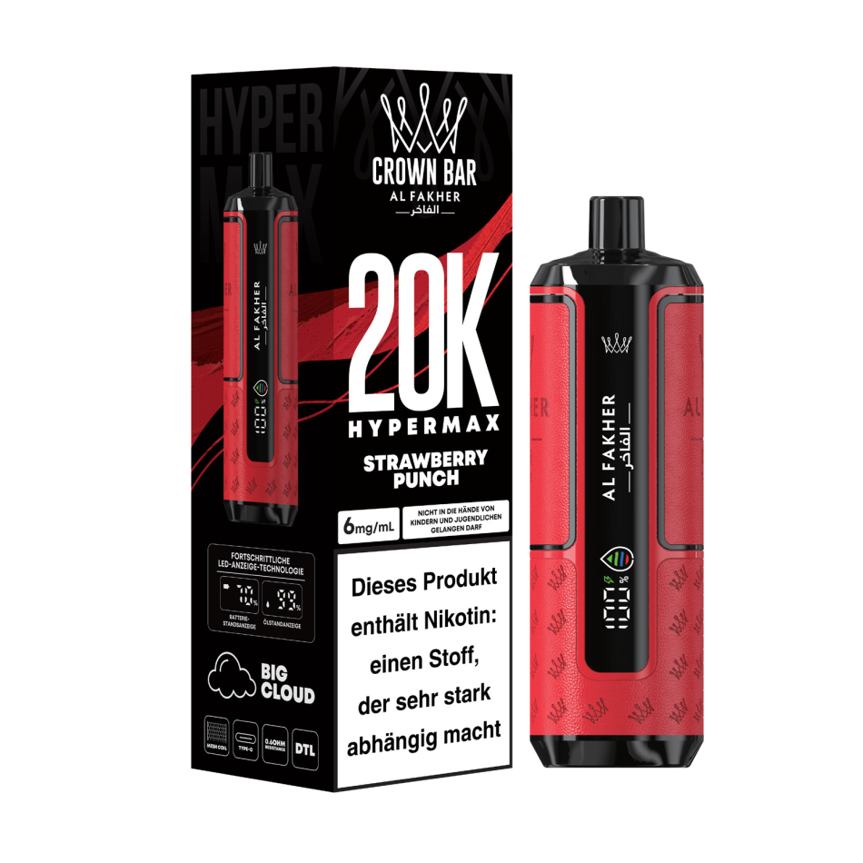 Al Fakher Crown Bar Hypermax 20K e-shisha with strawberry punch flavor, offering up to 20,000 puffs, rechargeable via USB-C.