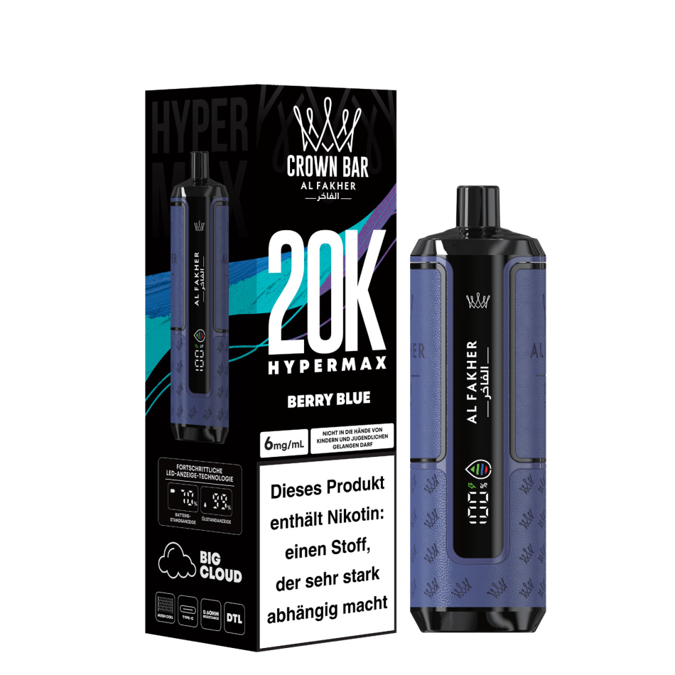 Al Fakher Crown Bar Hypermax 20K e-shisha with packaging, featuring sleek design and Berry Blue flavor, up to 20,000 puffs.