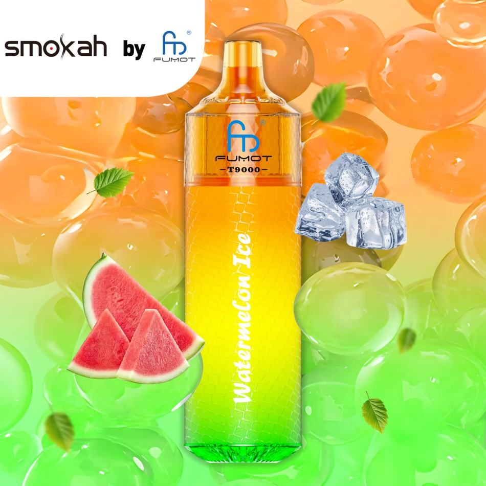 Tornado Vape Smokah Fumot T9000 vape with watermelon flavor, vibrant design, and ice accents.