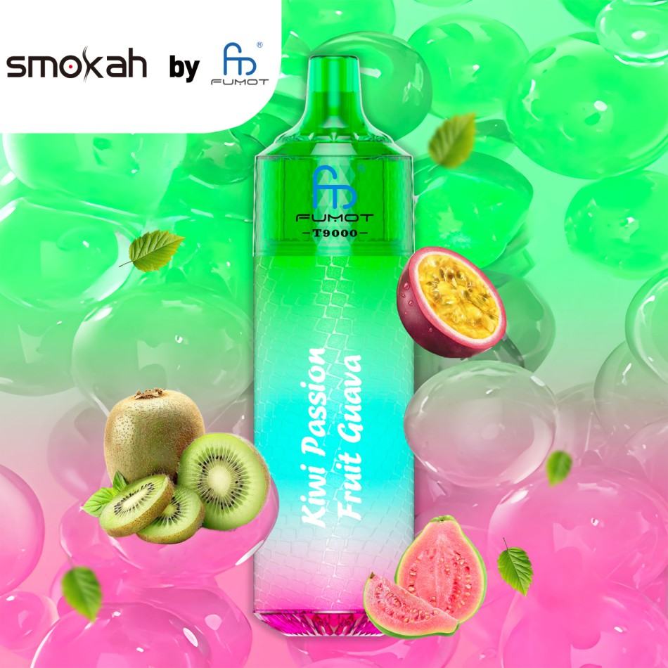 Tornado Vape Smokah Fumot T9000 vape with kiwi, passion fruit, and guava flavors, showcasing colorful design and fruit elements.