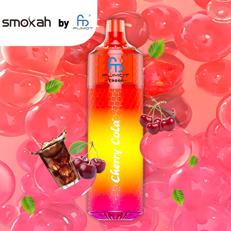 Tornado Vape Smokah Fumot T9000 Cherry Cola vape with cherry and cola imagery, vibrant design.