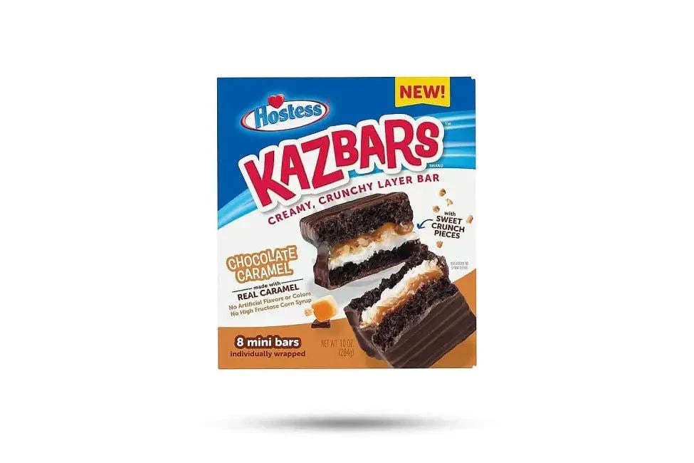 Hostess Kazbars Chocolate Caramel 284g packaging, featuring chocolate cake bars with caramel filling and crunchy toppings.