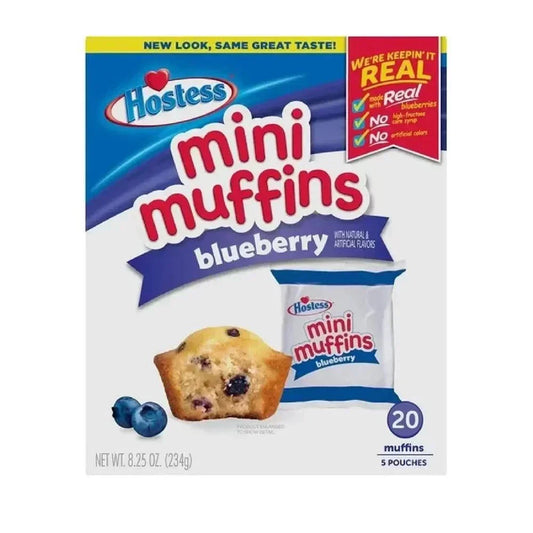 Hostess mini Muffins Blueberry 20-pack, 234g box, featuring real blueberry flavor and soft texture.