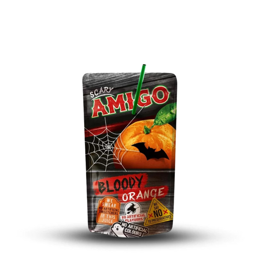 Amigo Trinkpäckchen  Bloody Orange 200ml Einweg drink with bold design featuring blood orange and Halloween theme.