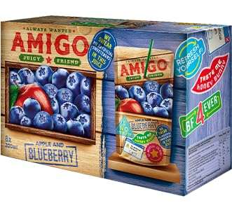 Amigo Blueberry 200ml juice pack with fresh blueberry imagery.