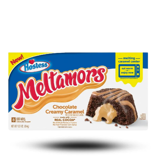 Hostess Meltamors Choco Caramel 264g package showing chocolate cake with caramel center.