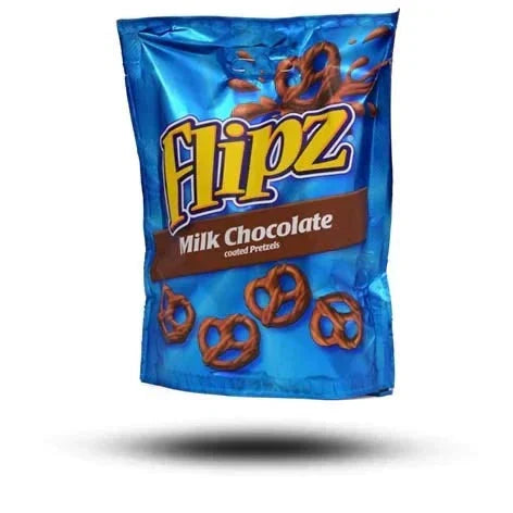 Flipz Milk Chocolate 90g bag with pretzel design, blue packaging.