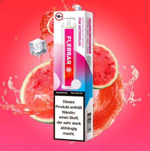 Flerbar Vapes 600er disposable e-shisha with pink watermelon flavor, 20mg nicotine strength, and 2.0ml tank capacity.