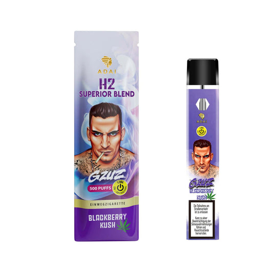 GZUZ H2 Superior Blend Blackberry Kush vaporizer, 500 puffs, premium one-use device.