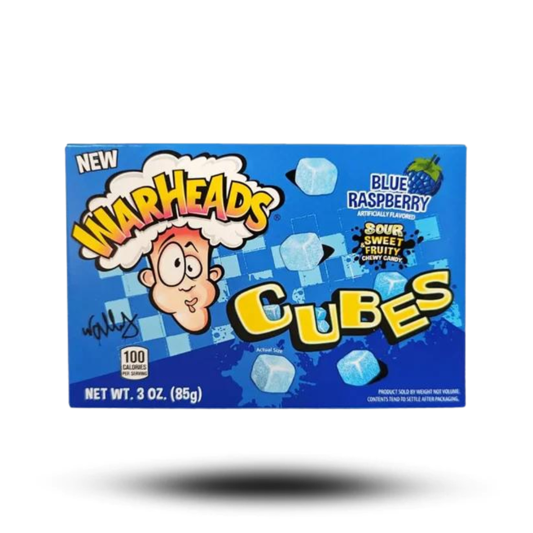 Warheads Blue Raspberry Cubes 85g box with sour blue raspberry flavor.