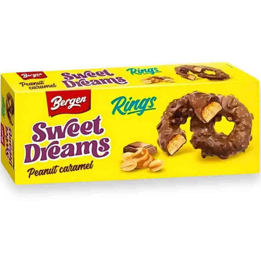 Bergen Milk Choco Peanut Caramel Rings in gelber Verpackung mit Schoko- und Erdnusskaramellringen