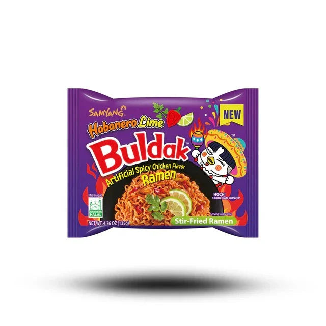 Buldak Habanero Lime spicy ramen 140g bag with lime and chili flavor.