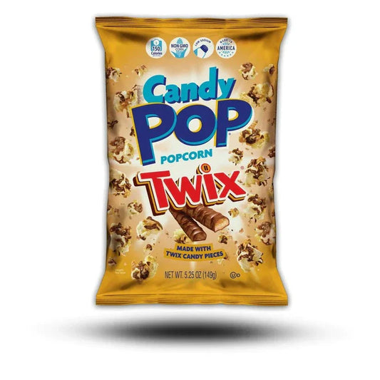 Candy Pop Twix Popcorn 149g Verpackung mit Twix-Bonbonstücken.