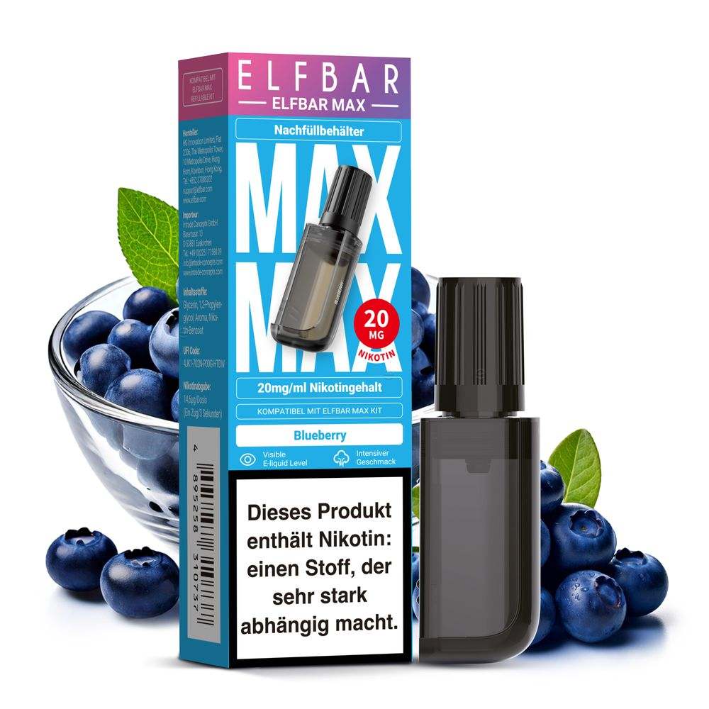 Elfbar Max Nachfüllbehälter Blueberry mit 20 mg Nikotin, Mehrweg-E-Liquid-Flasche und Blaubeeren im Hintergrund