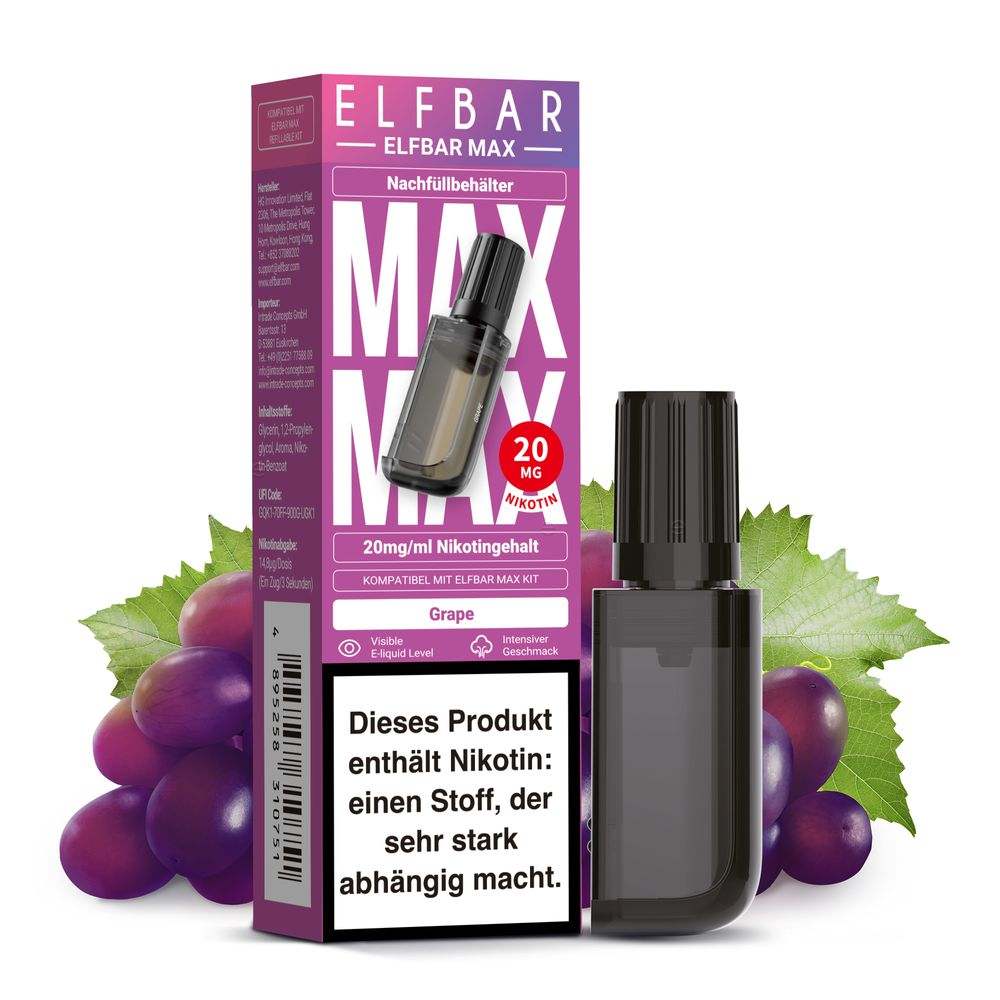 Elfbar Max Nachfüllbehälter mit 20mg Nikotin, Traubengeschmack, Mehrwegbehälter vor Traubenhintergrund