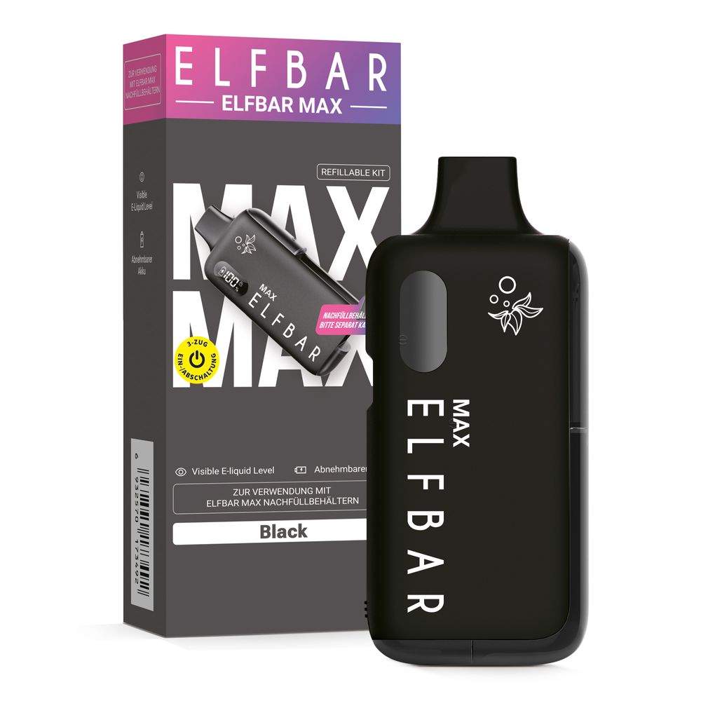 Elfbar Max 6k Mehrweg Pod-System, wiederaufladbares E-Zigaretten-Gerät mit 6000 Zügen, schwarzes Design, nikotinhaltiges E-Liquid, USB-C Anschluss.