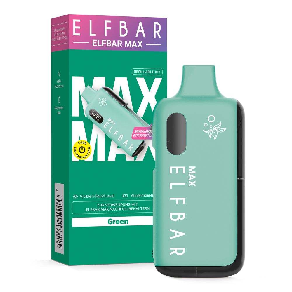 Elfbar Max Mehrweg E-Zigarette mit grünem Gehäuse und Nachfüllkit Verpackung