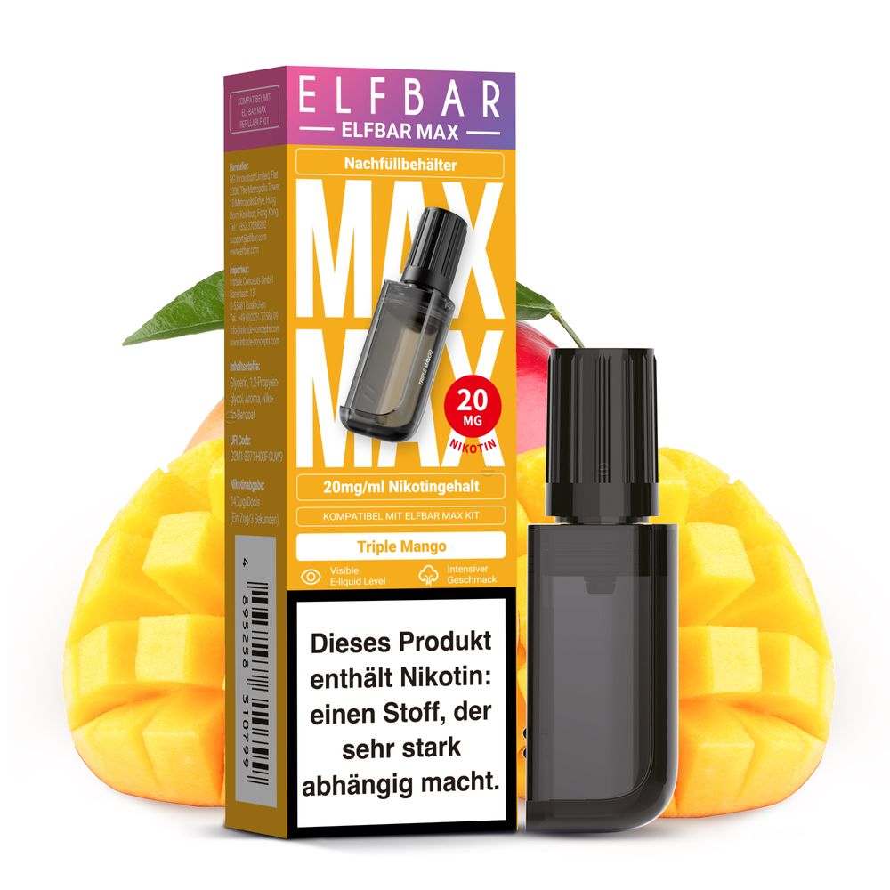 Elfbar Max 6k Mehrweg Pod-System mit 20mg Nikotinsalz Liquid in Triple Mango Geschmack und 650mAh Akku