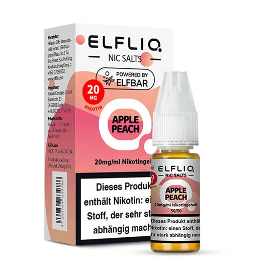 Elfliq Liquid by Elfbar 20mg/ml bottle with colorful label and vaping device background