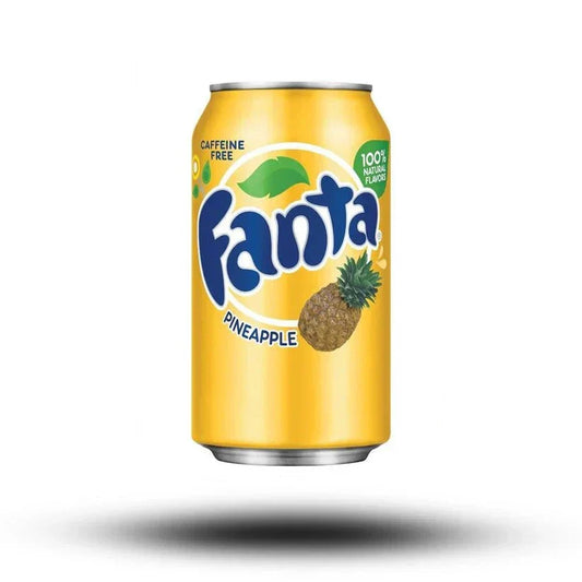 Fanta Pineapple 355ml can with tropical pineapple flavor, ideal for refreshing enjoyment.