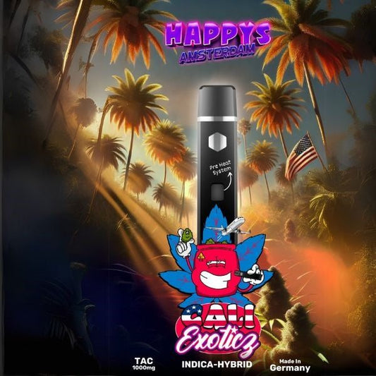 Happy's Amsterdam TAC Vape – Cali Exoticz Indica-Hybrid, premium vape with exotic aroma, Indica-Hybrid effects, palm trees in the background.