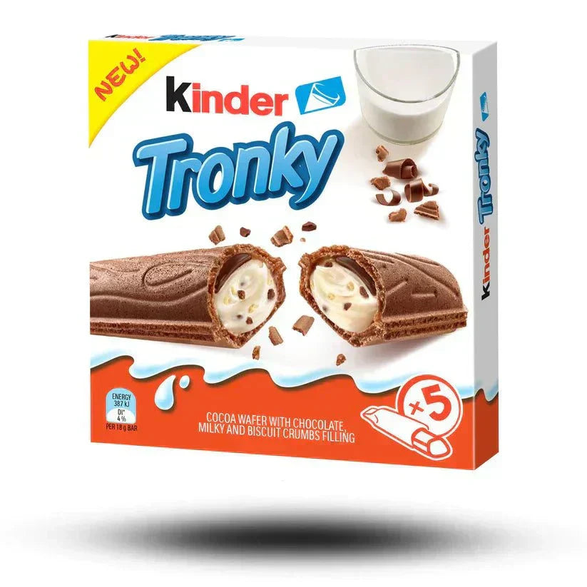 Kinder Tronky 90g chocolate wafer with hazelnut cream filling packaging.