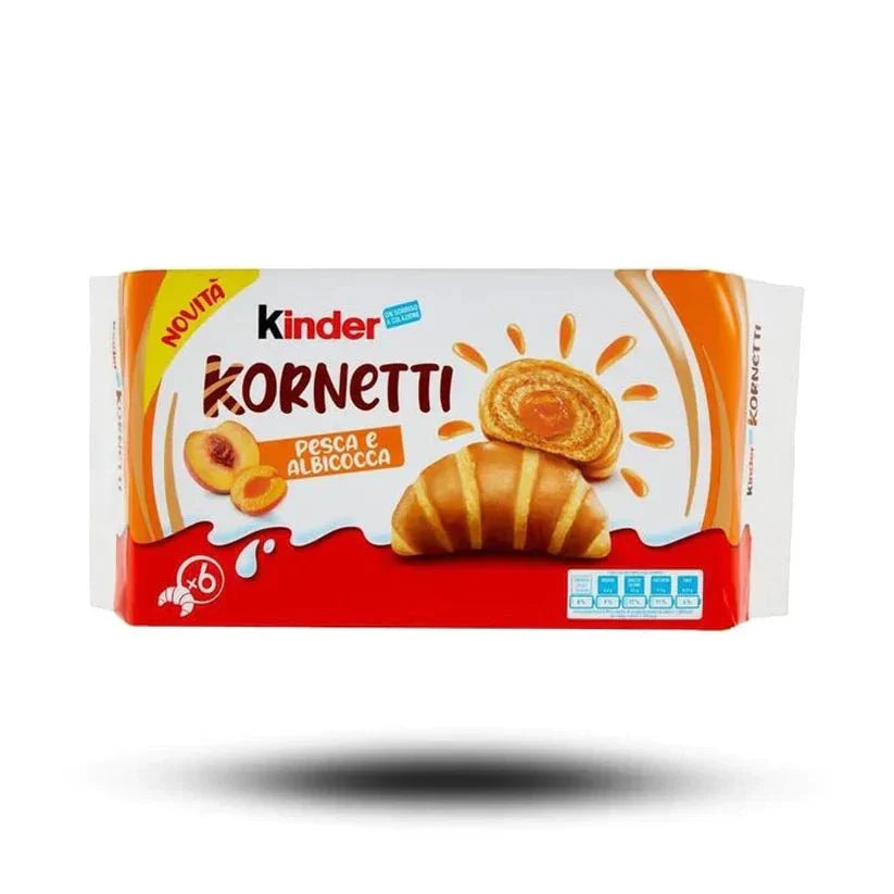 Kinder Kornetti Aprikose 252g Verpackung mit saftigen Mini-Croissants, gefüllt mit Pfirsich- und Aprikosencreme.