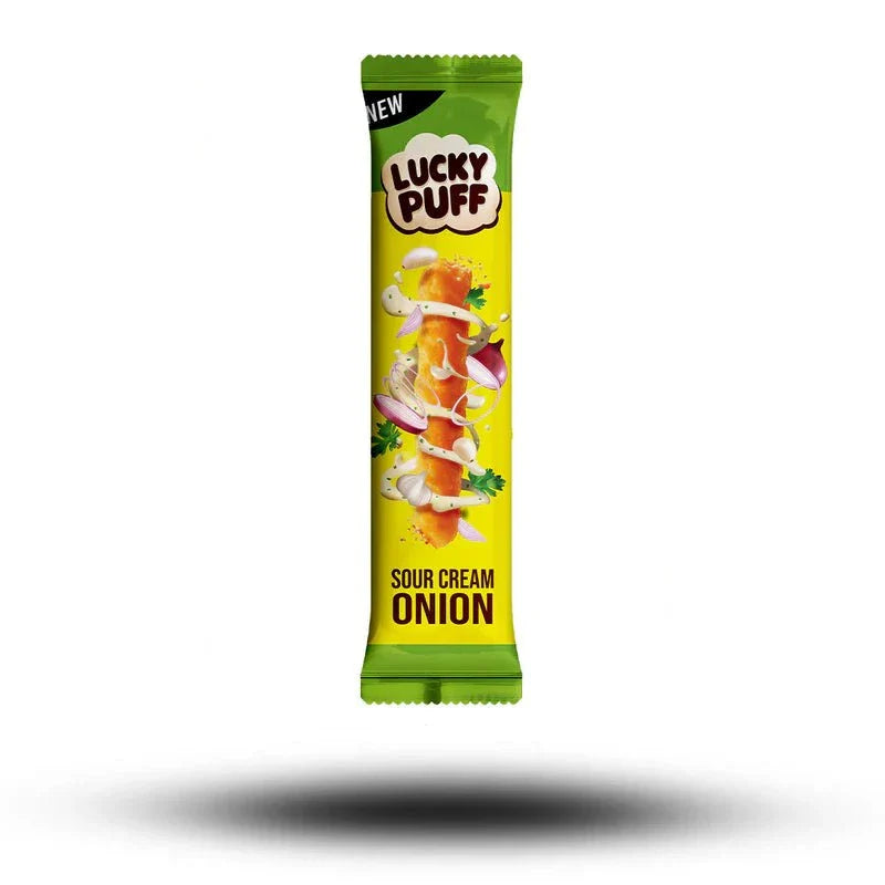 Lucky Puffs Sour Cream Onion 6g snacks packaging with creamy sour cream and zesty onion flavors.