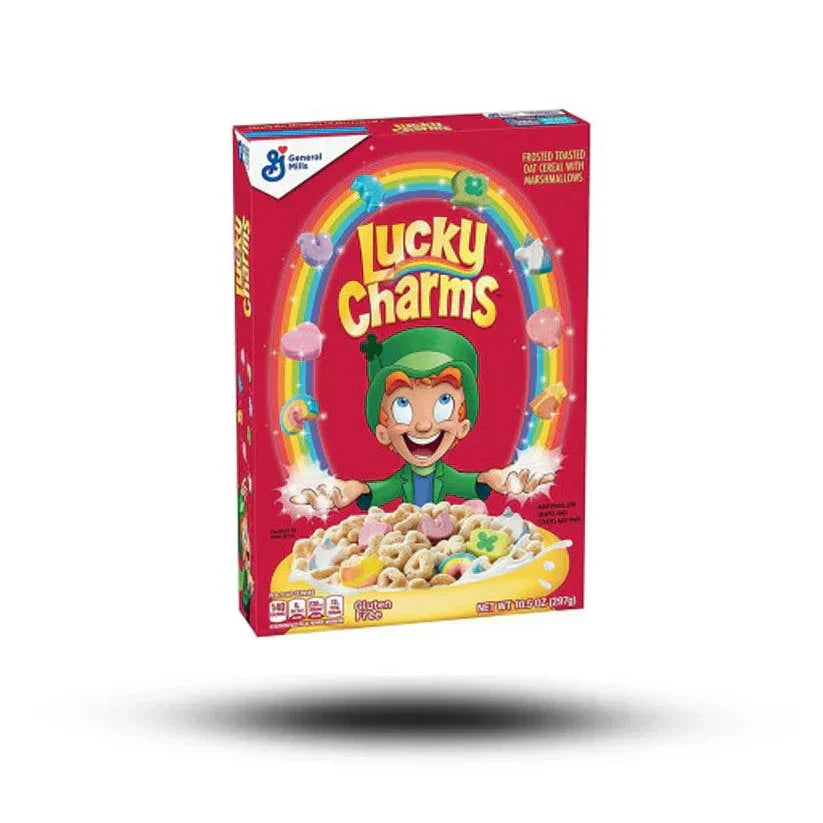 Lucky Charms Marshmallows 300g cereal box with colorful marshmallow shapes.