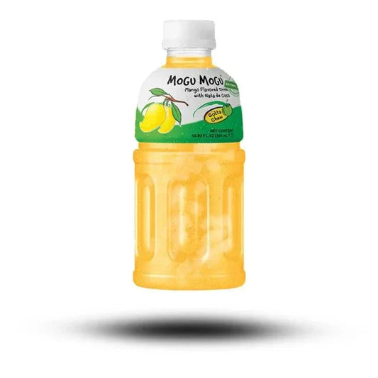 Mogu Mogu Nata De Coco Mango 320ml bottle with mango and Nata De Coco pieces.