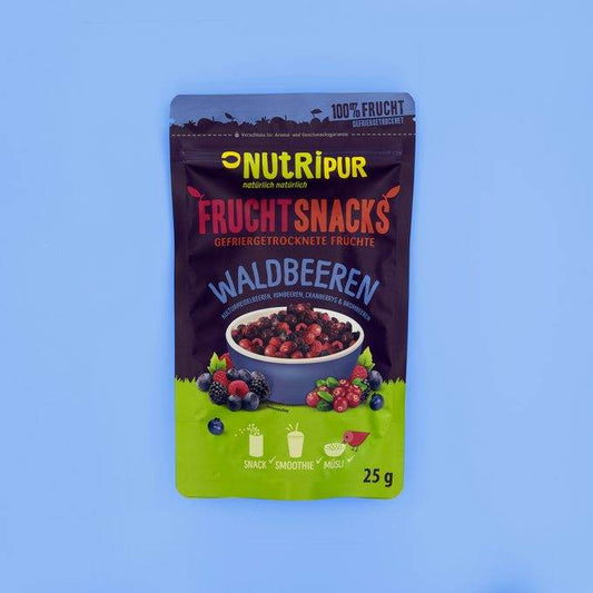 Gefriergetrocknete Waldbeeren 25g Beutel, gesunder Snack ohne Konservierungsstoffe.