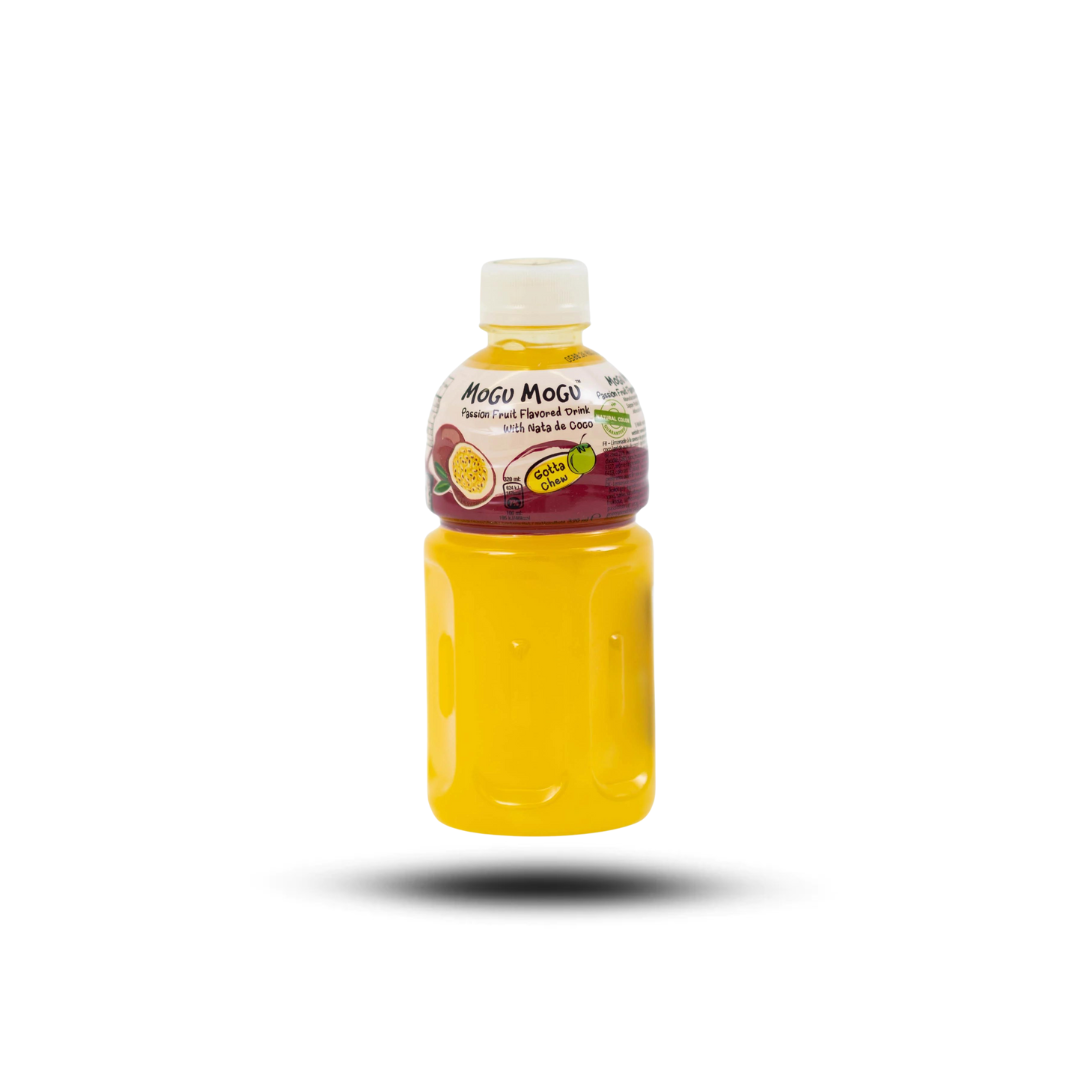 MOGU MOGU Passion Fruit 320ml bottle with fruit pieces and Nata de Coco.