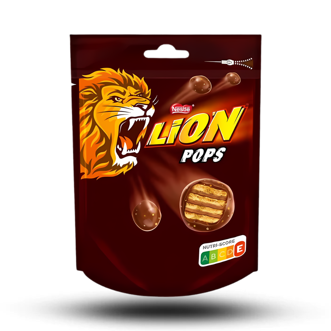 Nestle Lion Pops 140g chocolate caramel snack packaging.