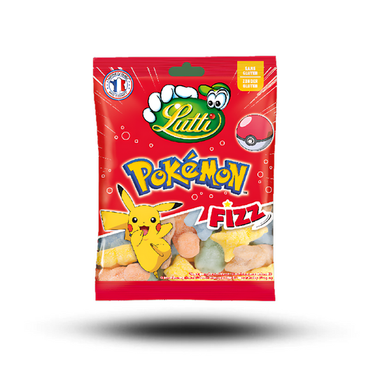 Lutti Pokemon Fizz 100g package with fruity flavors and carbonation, featuring Pokemon-inspired design.