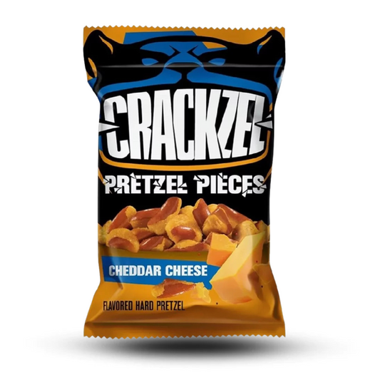 Crackzel Cheddar Cheese 85G bag with rich cheddar flavor crackers.